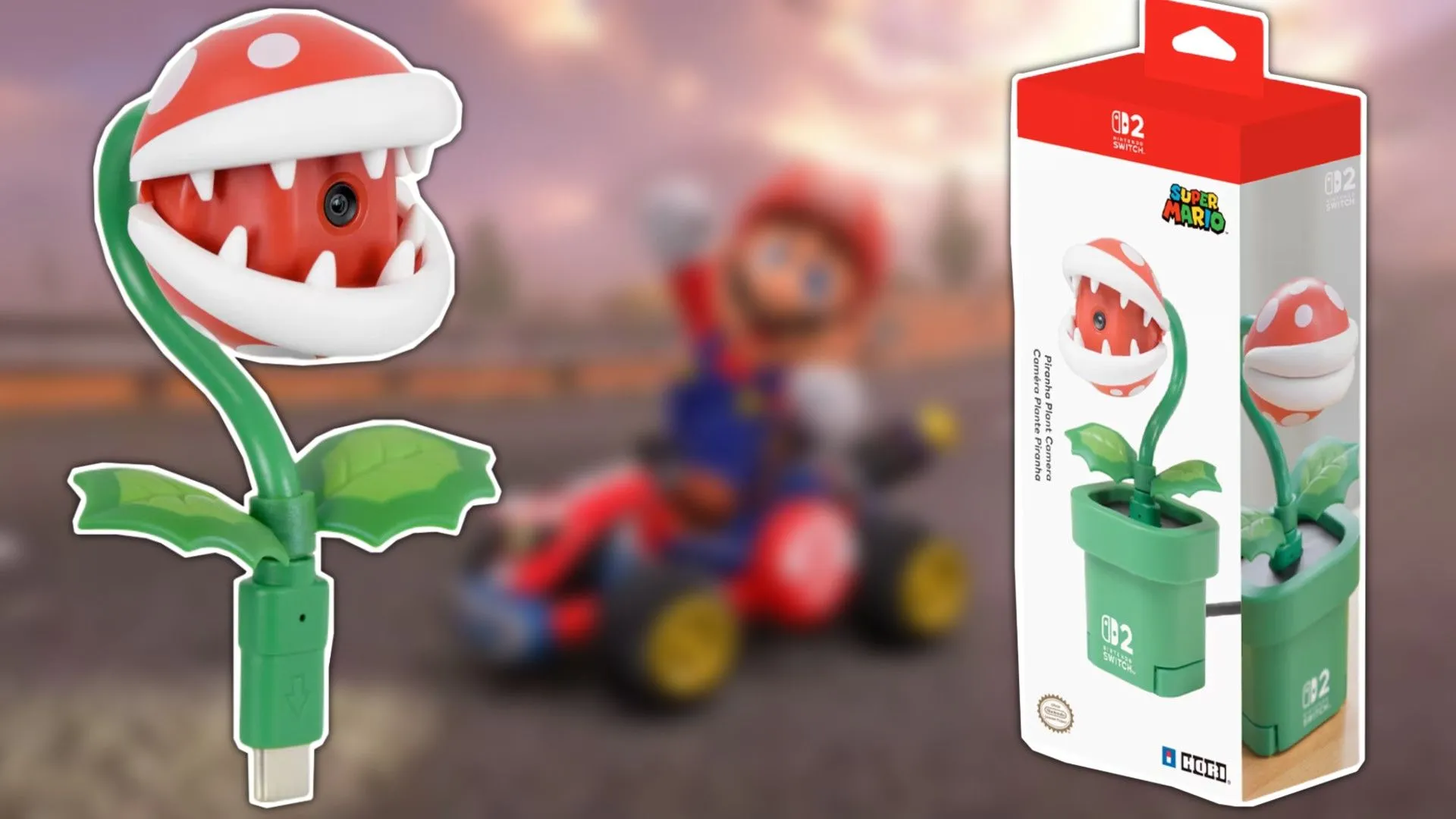 Phụ kiện camera Hori Piranha Plant đặt trước màn hình có nhân vật Mario từ Mario Kart World