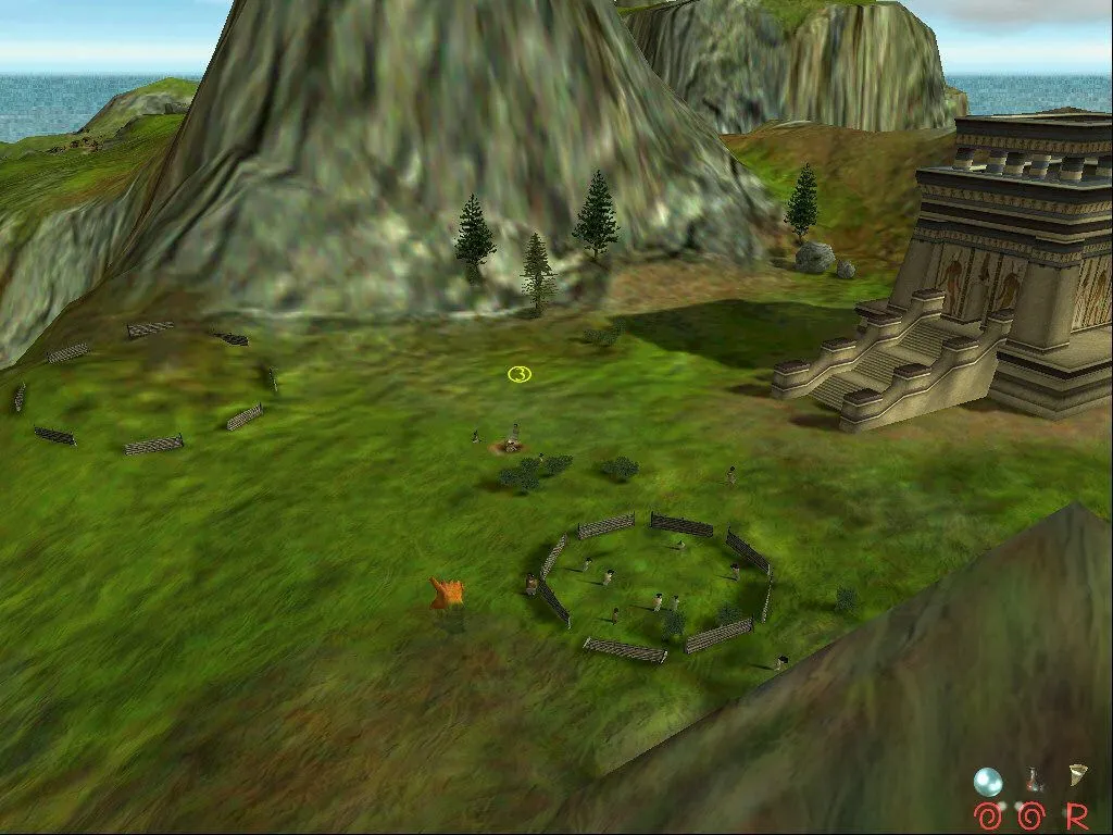 Screenshot game Black &amp; White, người chơi điều khiển bàn tay thần thánh tương tác với ngôi làng.