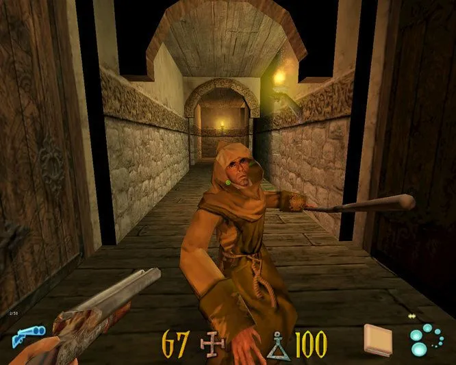 Screenshot game Clive Barker's Undying với không khí kinh dị, nhân vật chính sử dụng phép thuật và súng.