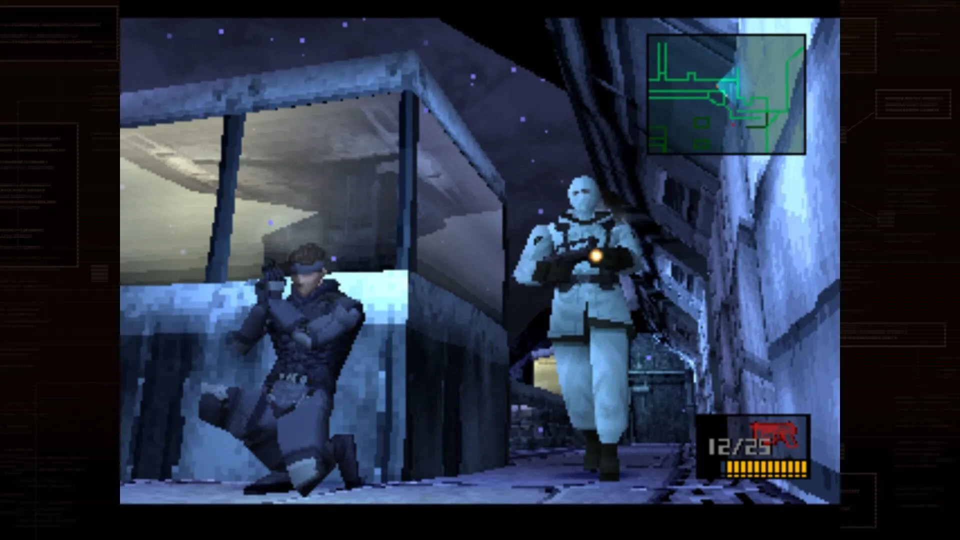 Screenshot game Metal Gear Solid bản gốc trên PS1 với đồ họa low-poly đặc trưng.