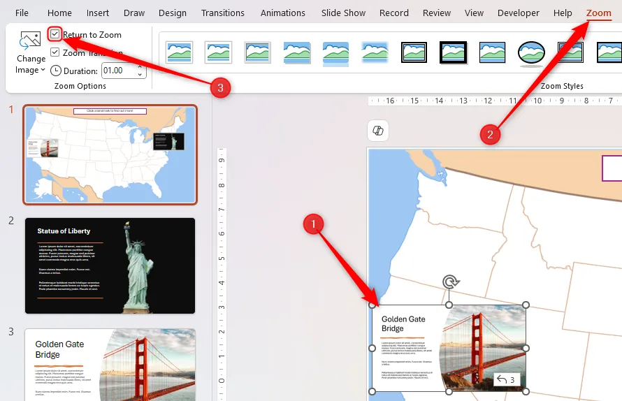 Slide thu nhỏ được chọn trong PowerPoint với ô kiểm Return To Zoom trong tab Zoom được đánh dấu