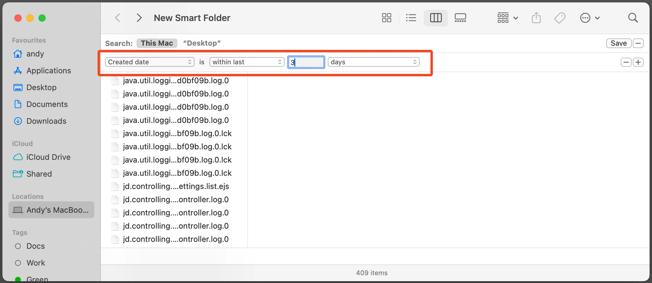 Smart Folder với các cài đặt quy tắc tìm kiếm đã được điền đầy đủ và cụ thể