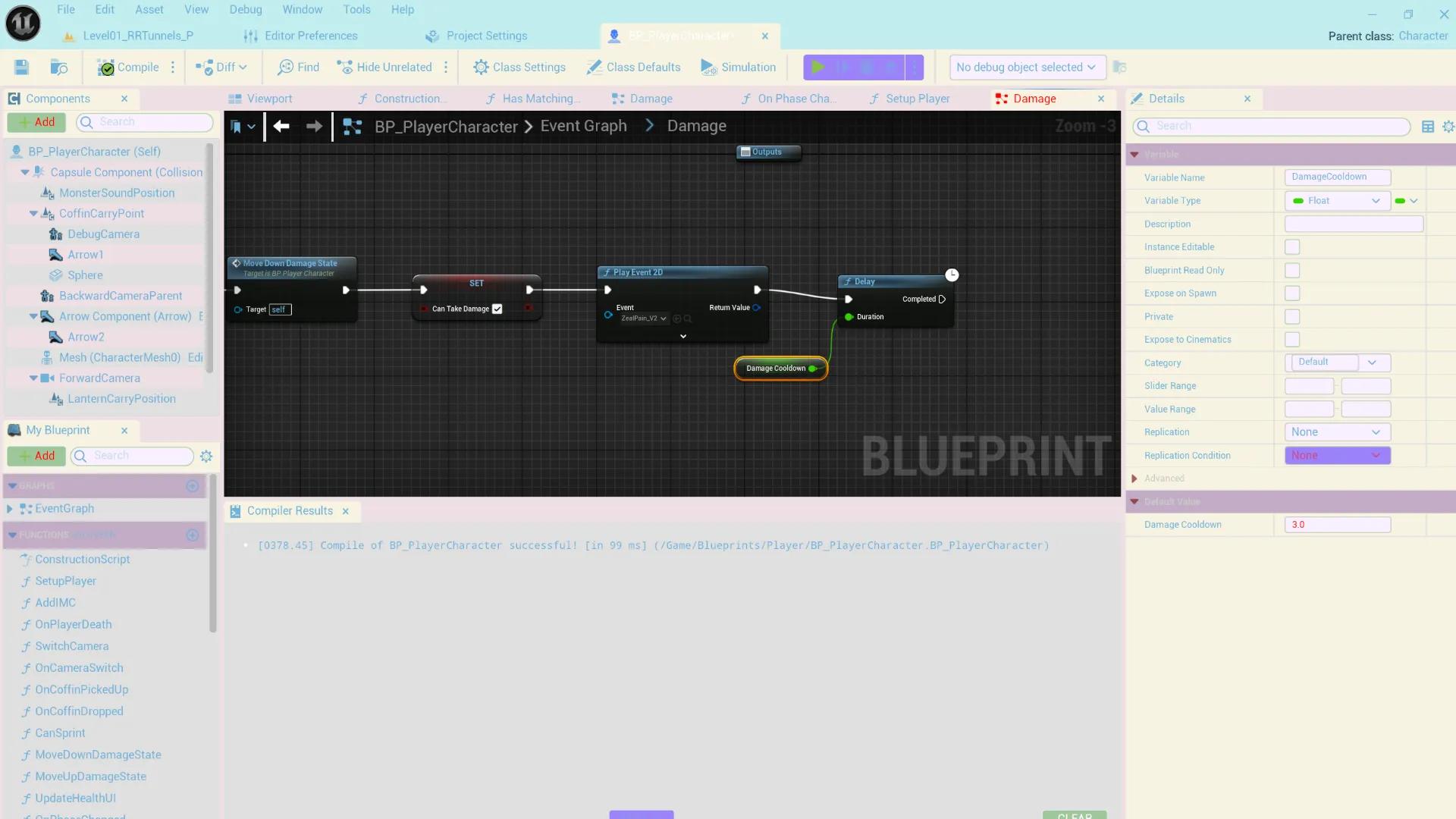 Sơ đồ BluePrints trong Unreal Engine hiển thị biểu đồ PlayCharacter cho các nút Take Damage