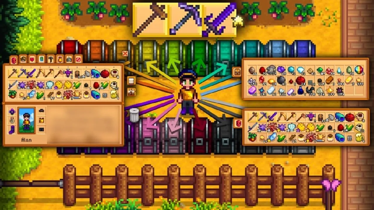 Sơ đồ minh họa việc sắp xếp vật phẩm tự động vào nhiều rương trong Stardew Valley, nhờ Convenient Inventory Mod