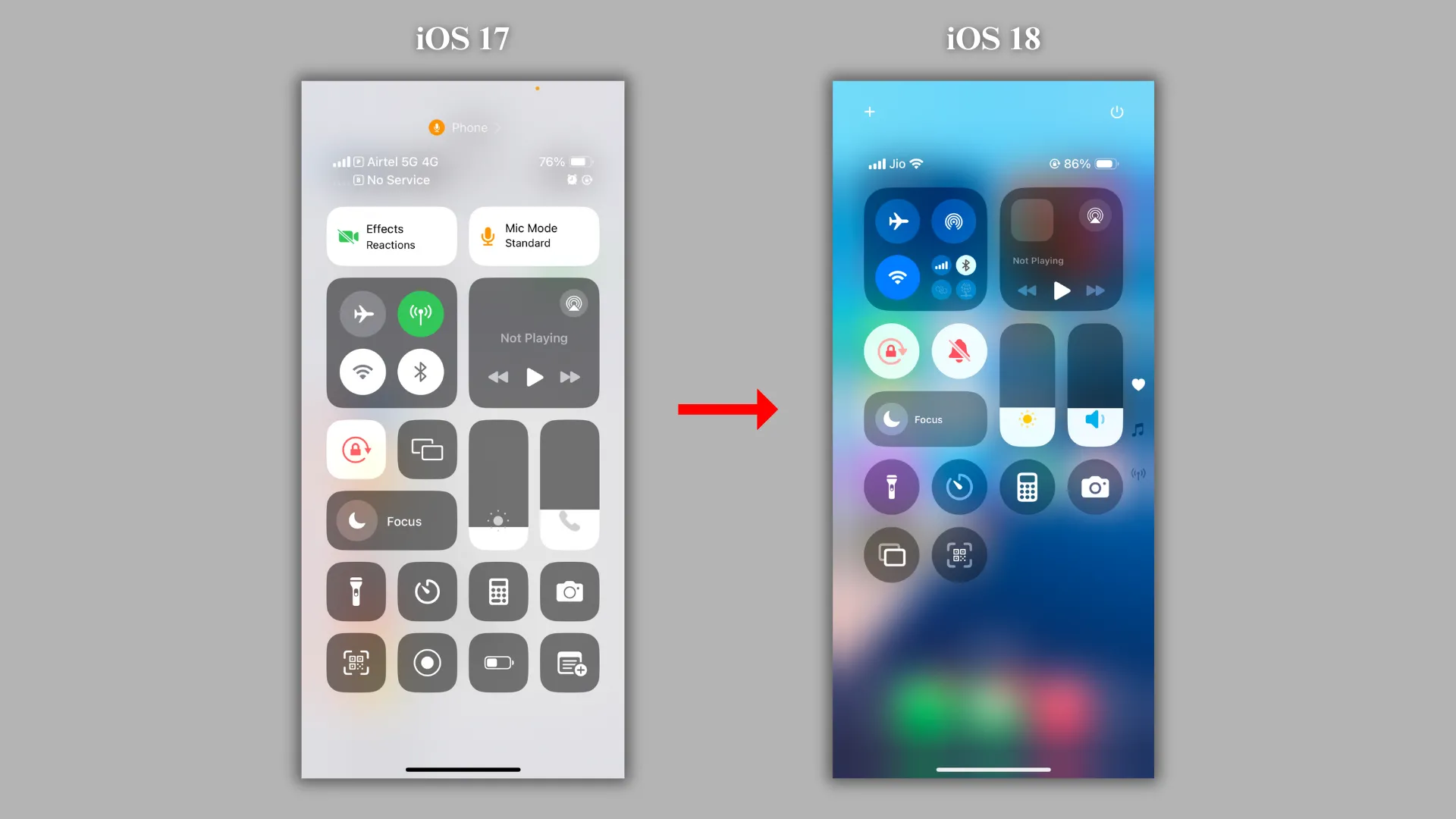 So sánh bố cục Control Center giữa iOS 17 và iOS 18 cho thấy sự thay đổi về cách truy cập cài đặt kết nối