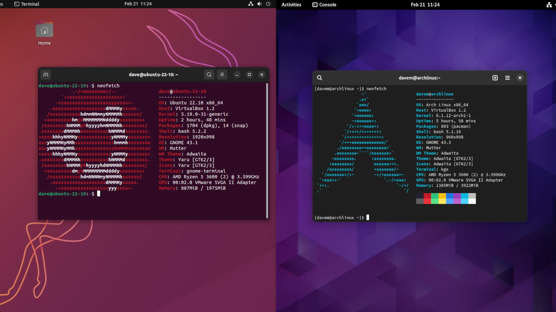So sánh giao diện GNOME trên Ubuntu và Archcraft, minh họa sự đa dạng của các bản phân phối Linux