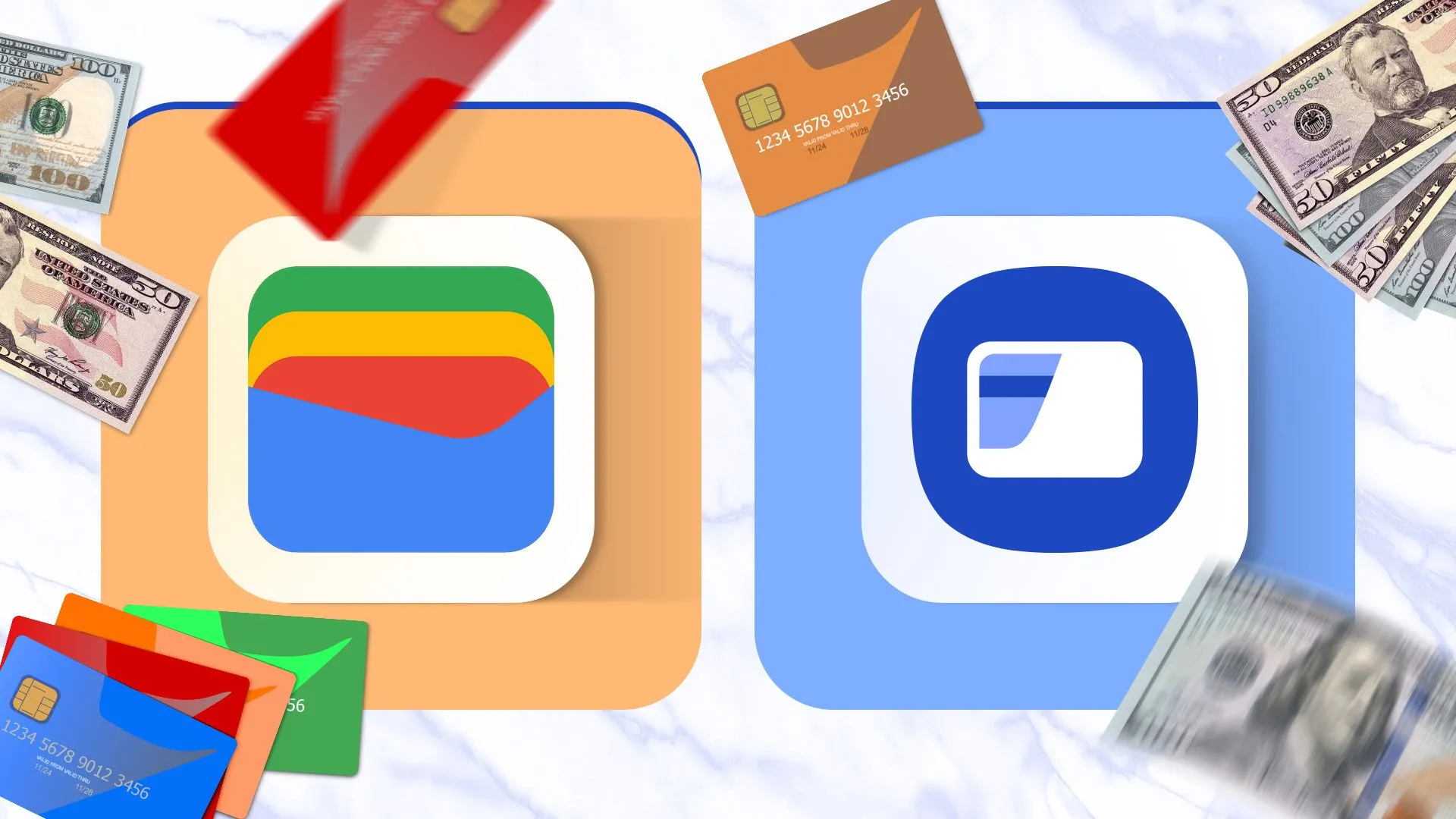 So sánh giao diện Google Wallet và Samsung Wallet với các thẻ tín dụng điện tử xung quanh, thể hiện tính năng quản lý tài chính số.