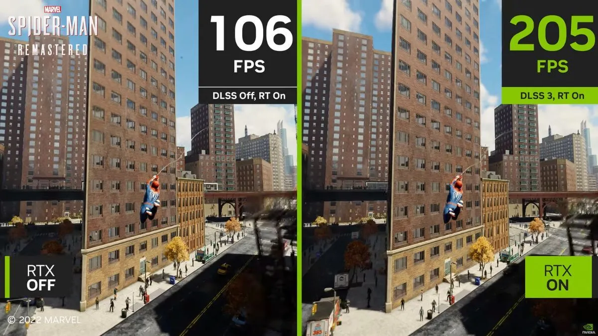 So sánh hiệu suất game Spider-Man Remastered khi bật và tắt công nghệ NVIDIA DLSS 3