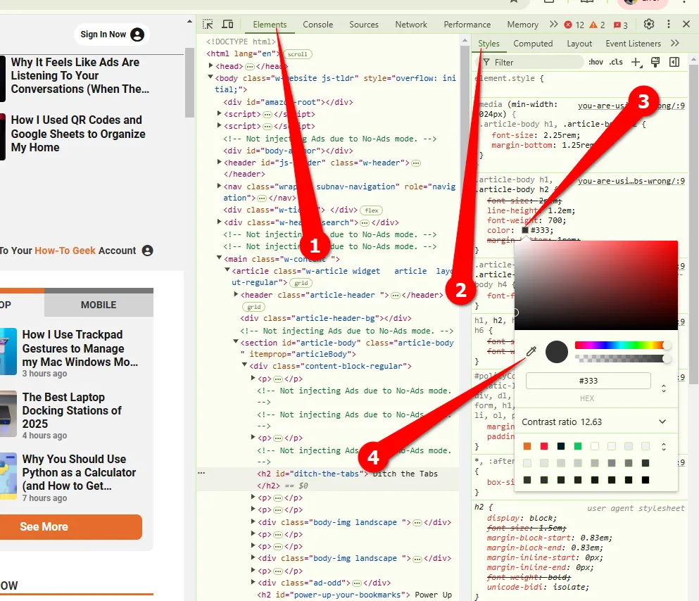 Sử dụng công cụ hút màu (Eyedropper) trong Inspect Element để chọn màu sắc từ trang web.