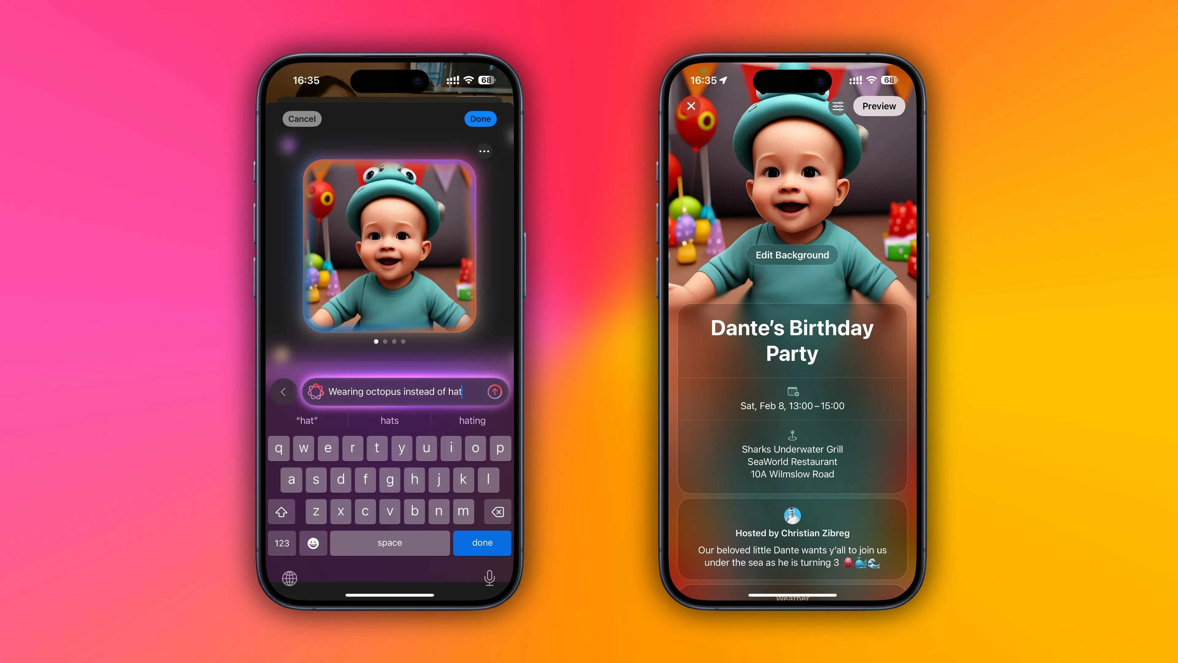 Sử dụng Image Playground để chỉnh sửa nền lời mời trong ứng dụng Apple Invites.