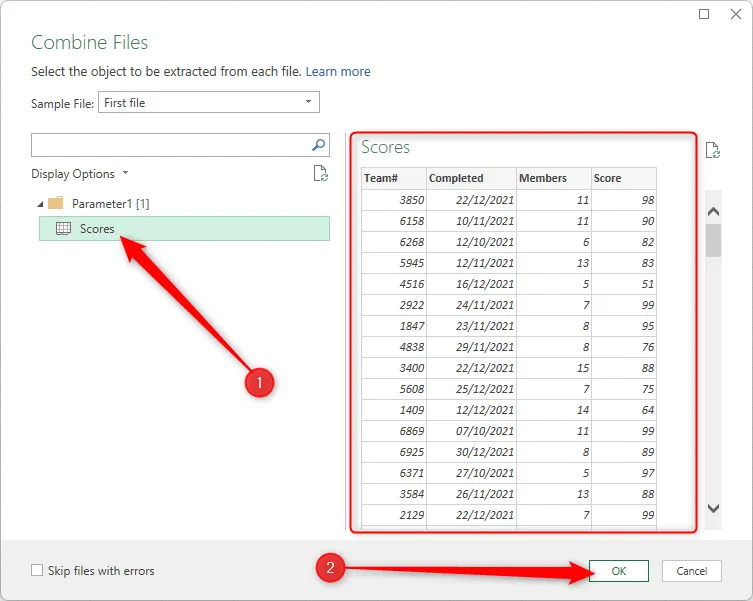 Tab bảng tính &quot;Scores&quot; được chọn trong hộp thoại Combine Files, hiển thị bản xem trước dữ liệu mẫu trước khi gộp các file Excel.