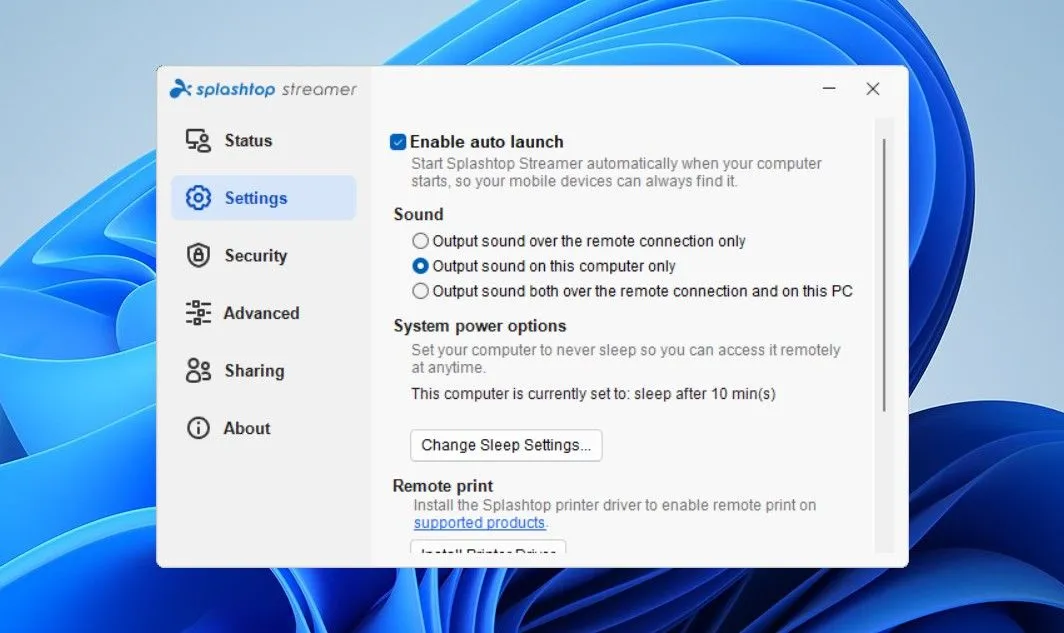 Tab Cài đặt trong ứng dụng Splashtop Streamer trên hệ điều hành Windows.