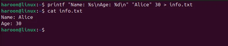Tạo file và chèn nội dung có định dạng với lệnh printf, sau đó hiển thị bằng cat trên terminal Linux