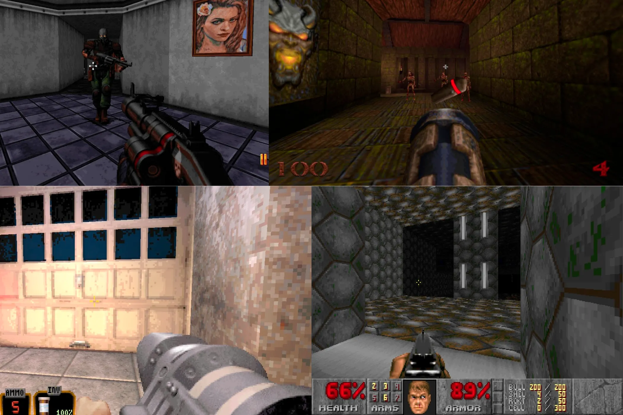 Tập hợp các hình ảnh từ game boomer shooter như Ion Fury, Quake, Duke Nukem 3D và Doom, đại diện cho thể loại FPS cổ điển