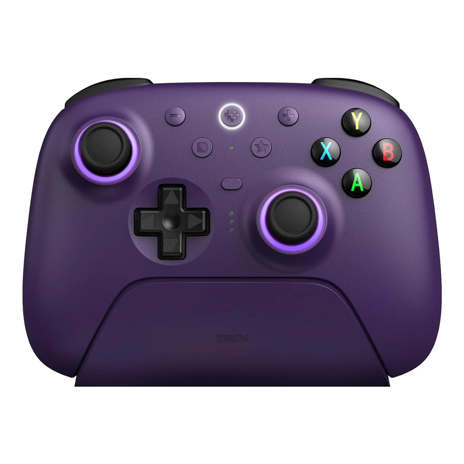 Tay cầm 8BitDo Ultimate 2 màu tím đang được đặt trên dock sạc