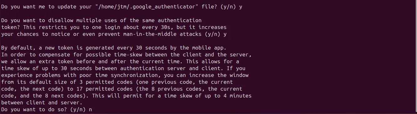Terminal Ubuntu hiển thị các câu hỏi cấu hình cài đặt Google Authenticator, bao gồm việc cập nhật tệp cấu hình và các tùy chọn bảo mật.