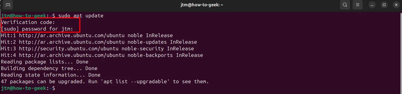 Terminal Ubuntu xác nhận các lệnh sudo sẽ yêu cầu mã xác thực 2FA và mật khẩu để xác thực, chứng tỏ 2FA đã được kích hoạt thành công.
