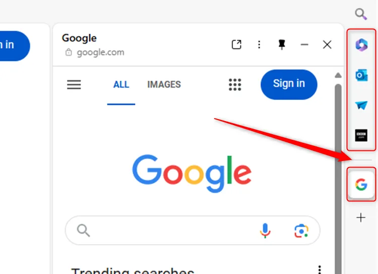 Thanh bên Microsoft Edge với đường phân chia giữa các ứng dụng tạm thời và vĩnh viễn.