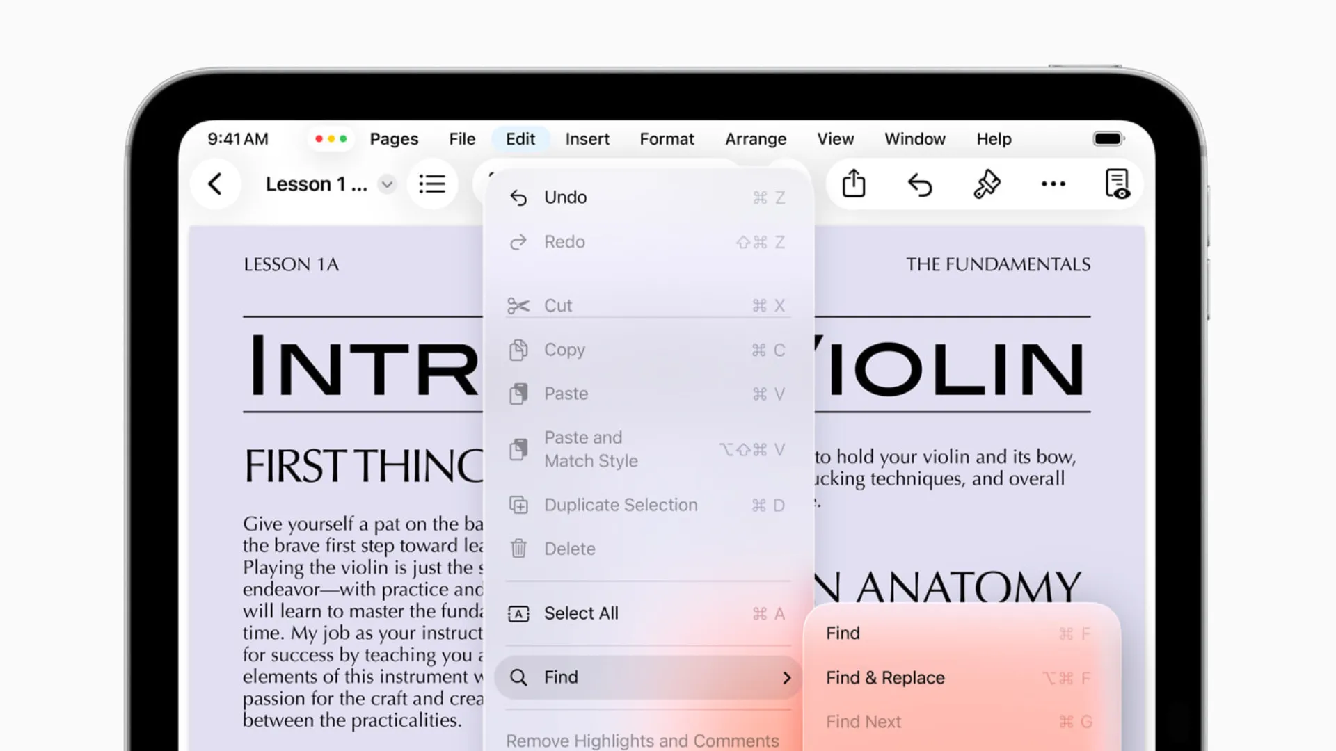Thanh Menu mới trên iPadOS 26 hiển thị các tùy chọn ứng dụng Pages