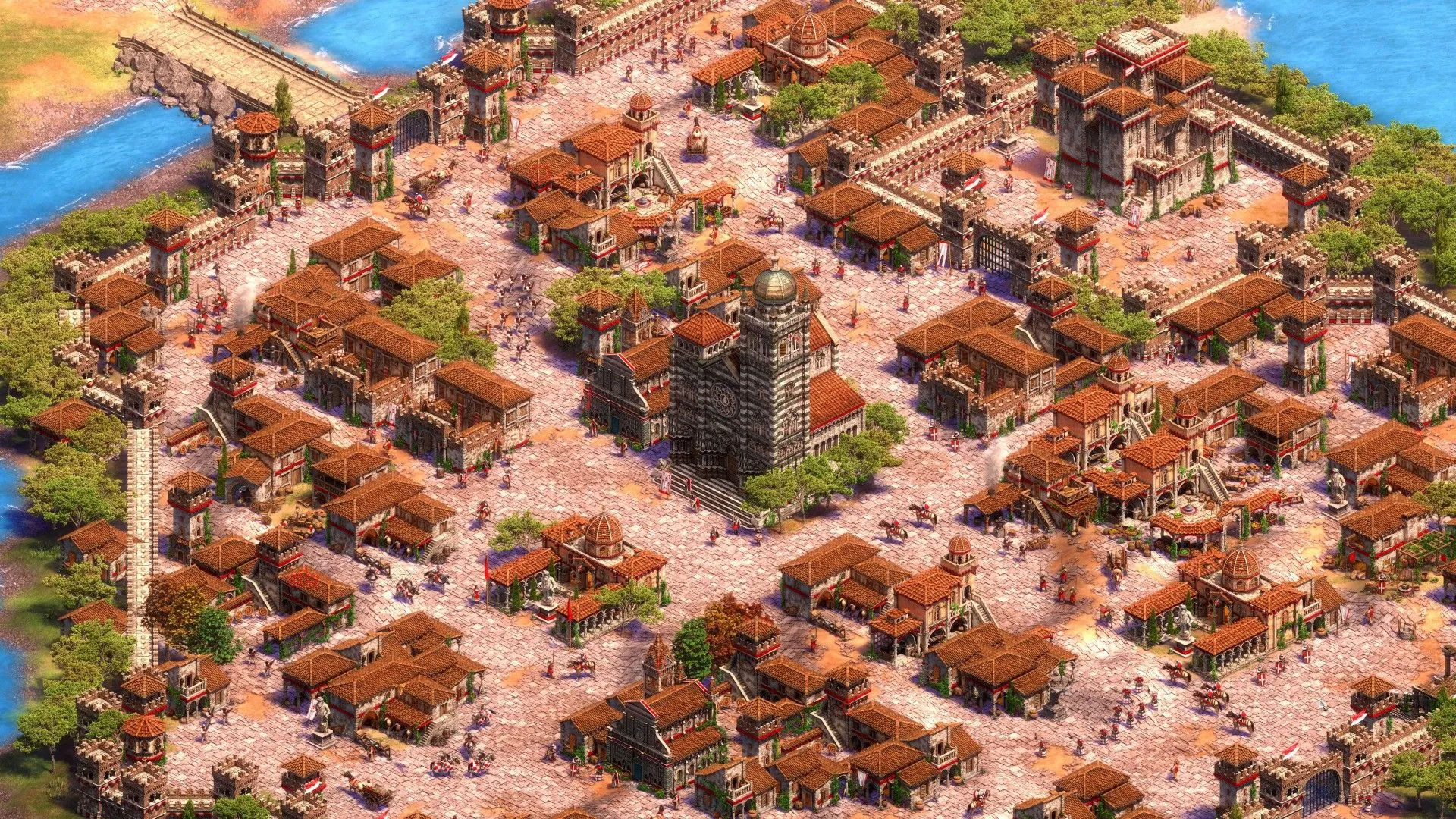 Thành phố cổ đông đúc với người dân qua lại trong Age of Empires 2