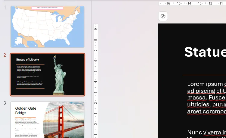 Thanh slide thu nhỏ trong PowerPoint hiển thị slide tổng quan bản đồ và hai slide chi tiết về địa danh