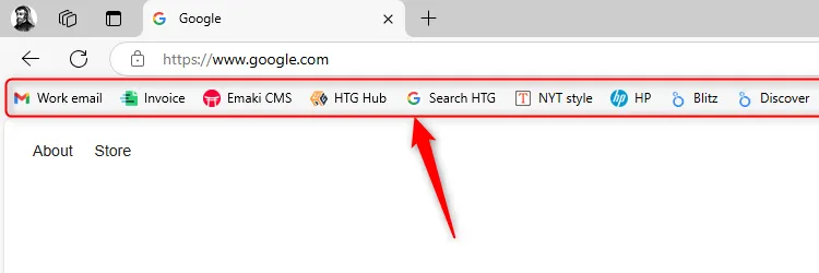 Thanh Yêu thích của Microsoft Edge, hiển thị các trang web đã được ghim.