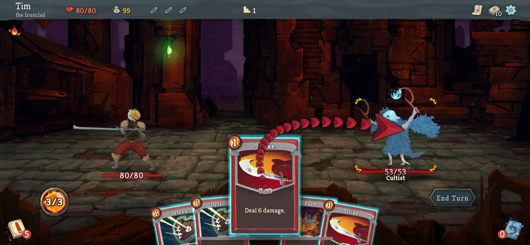 Thẻ bài tấn công 'Bite' đang được chọn trong giao diện chiến đấu của Slay the Spire+ trên iPhone