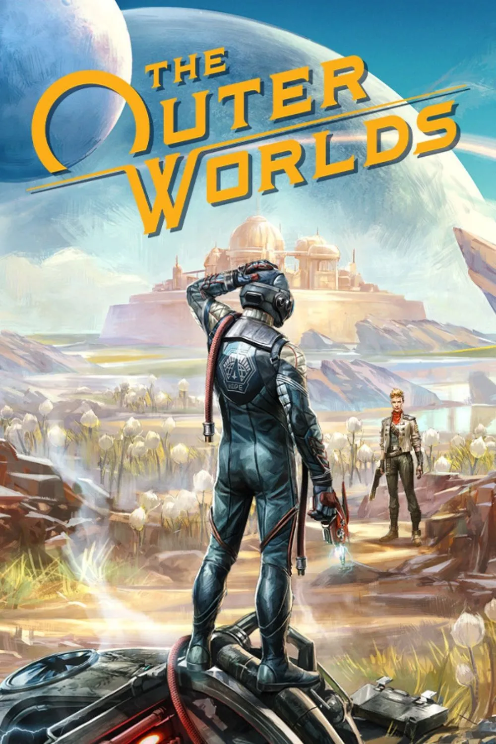 The Outer Worlds ảnh bìa game với nhân vật chính trong bộ giáp