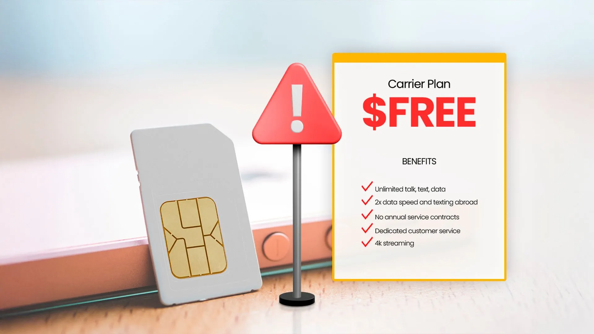 Thẻ SIM đặt cạnh điện thoại, minh họa cho gói cước di động và cảnh báo về các chi phí thuê bao internet.