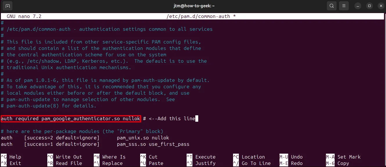 Thêm dòng auth required pam_google_authenticator.so nullok vào tệp cấu hình /etc/pam.d/common-auth bằng nano editor.