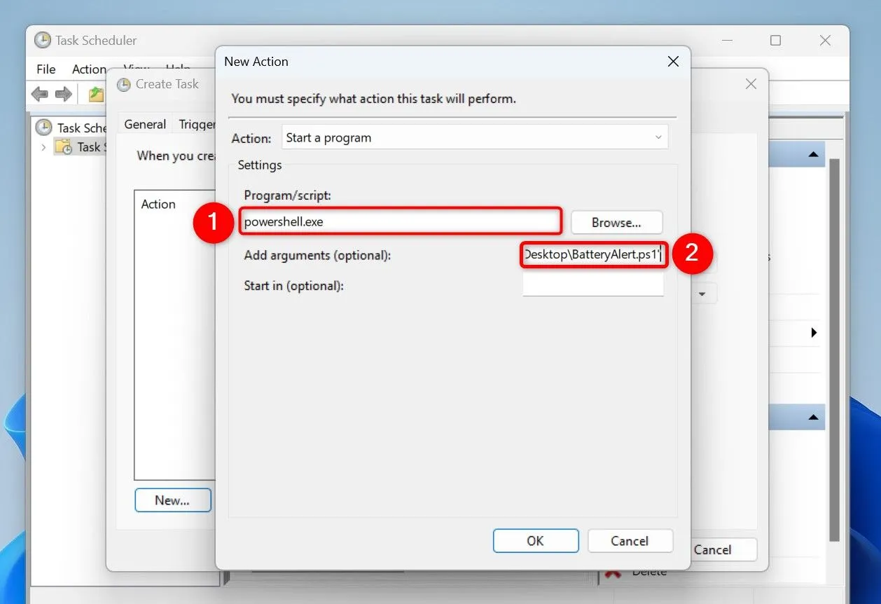 Thêm hành động chạy file PowerShell cảnh báo pin với Task Scheduler trên Windows 11