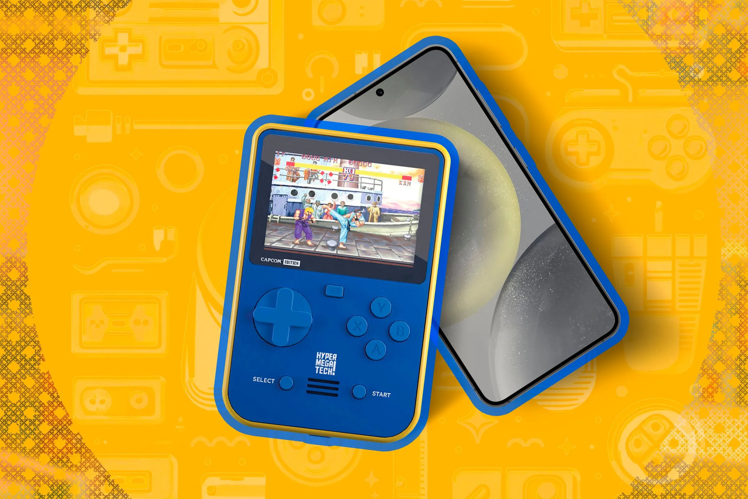 Thiết bị chơi game cầm tay retro và một chiếc điện thoại thông minh