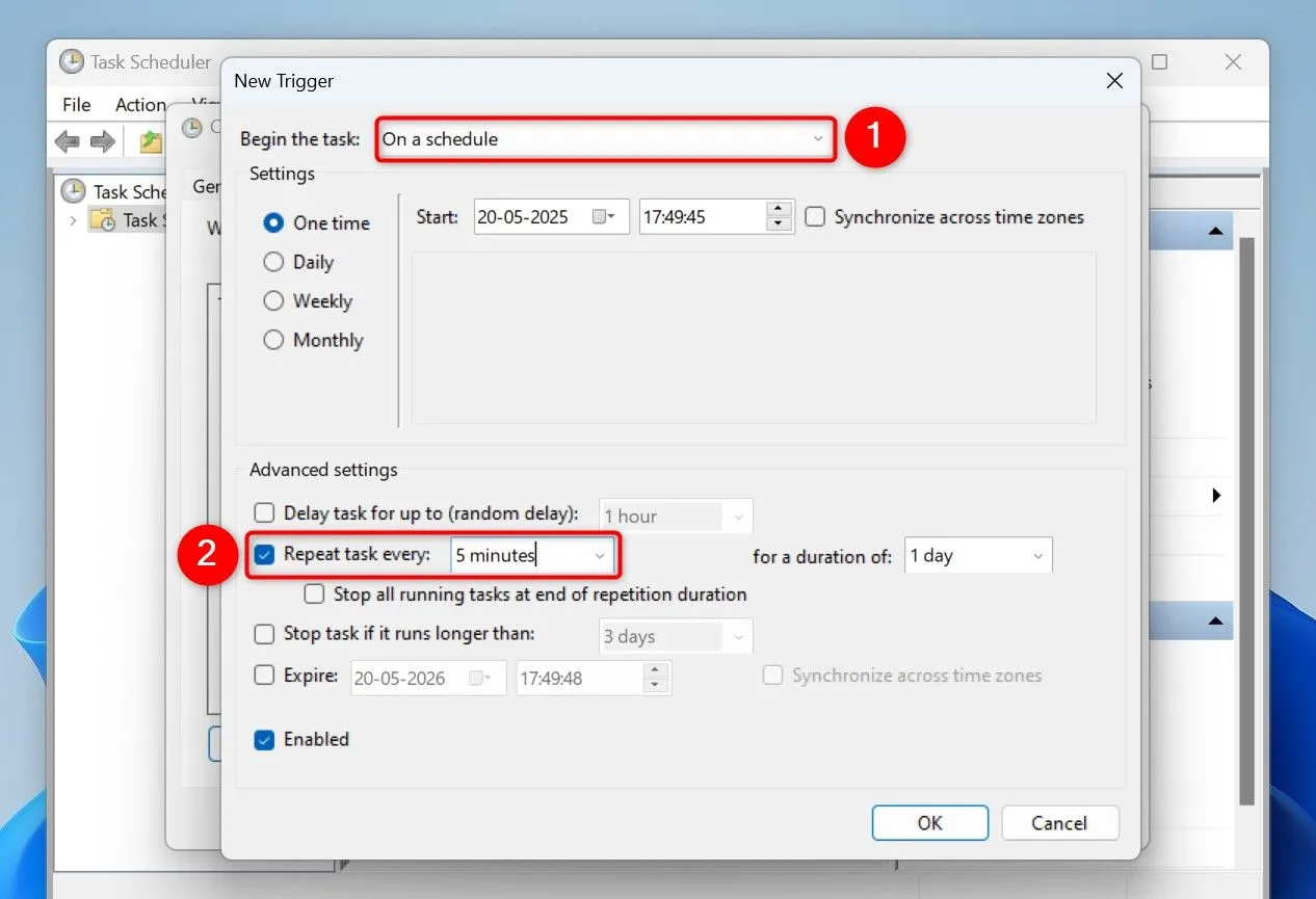 Thiết lập trigger lặp lại định kỳ 5 phút cho tác vụ cảnh báo pin trên Windows 11