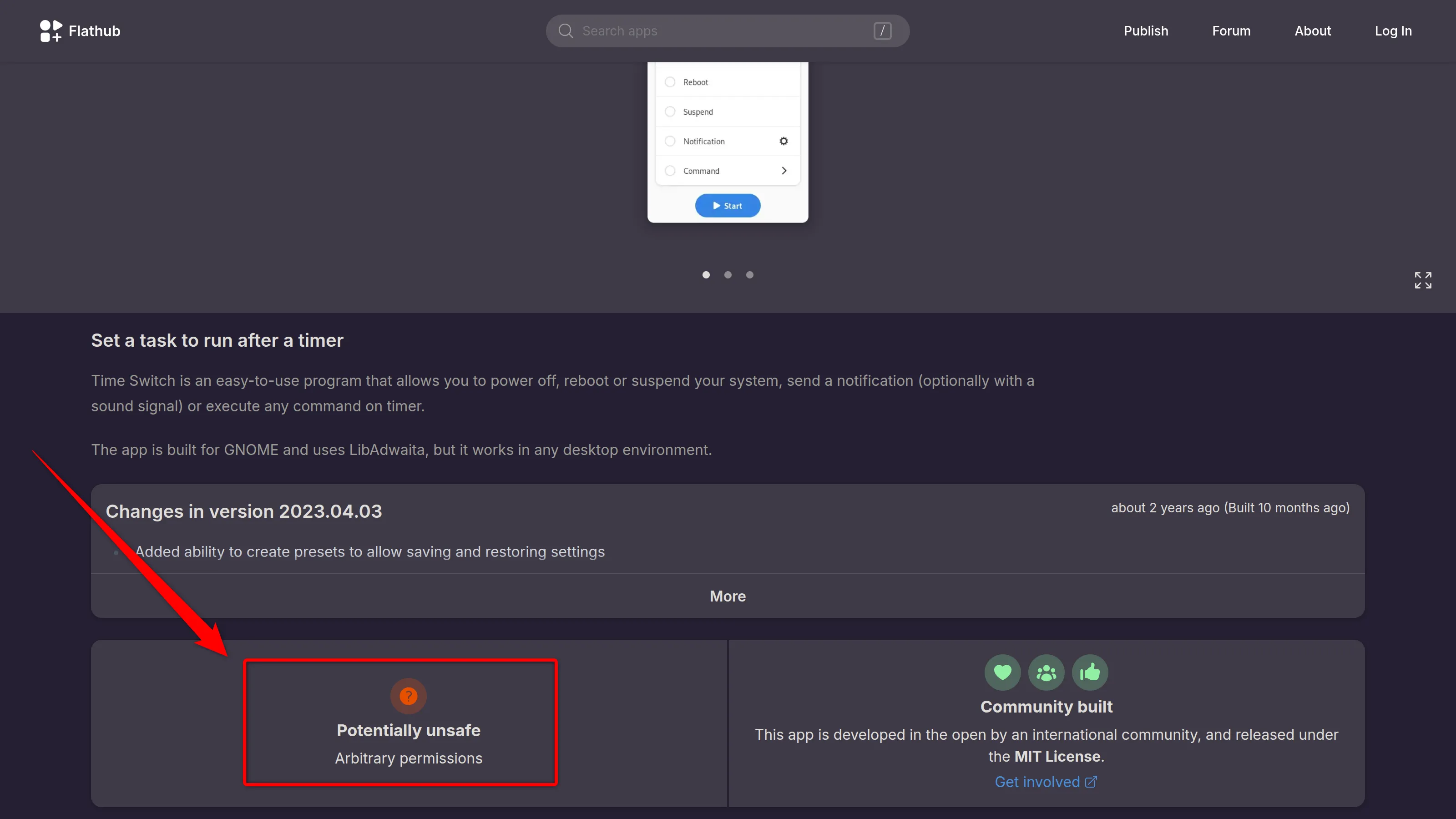 Thông báo cảnh báo trên Flathub về ứng dụng yêu cầu quyền truy cập tùy ý, có thể tiềm ẩn rủi ro bảo mật