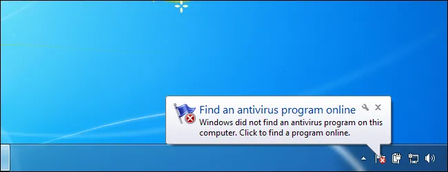 Thông báo cảnh báo từ Windows về việc không tìm thấy chương trình diệt virus, minh họa nguy cơ bảo mật