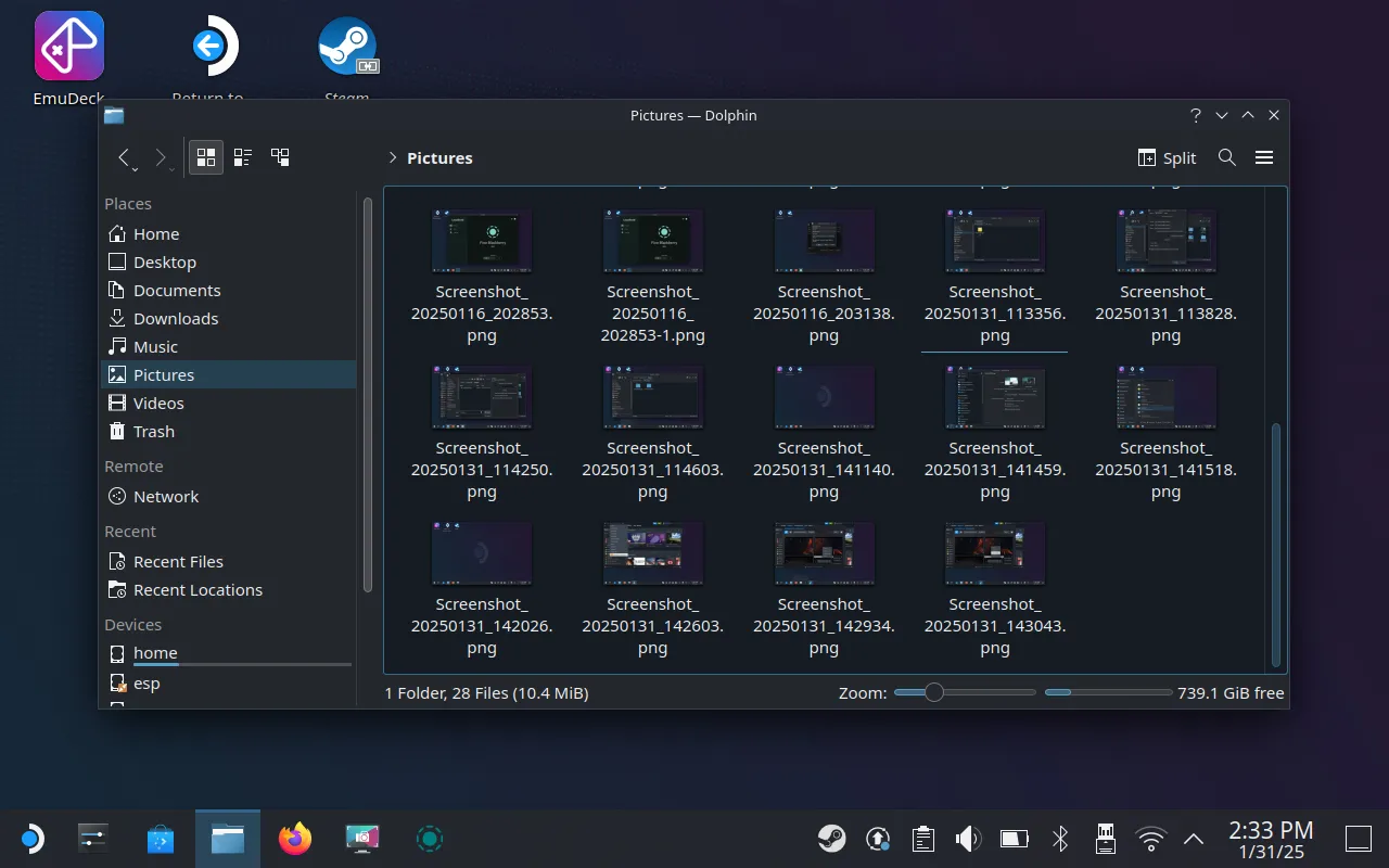 Thư mục &quot;Pictures&quot; trong Dolphin file explorer trên Steam Deck, chứa các ảnh chụp màn hình từ Desktop Mode.