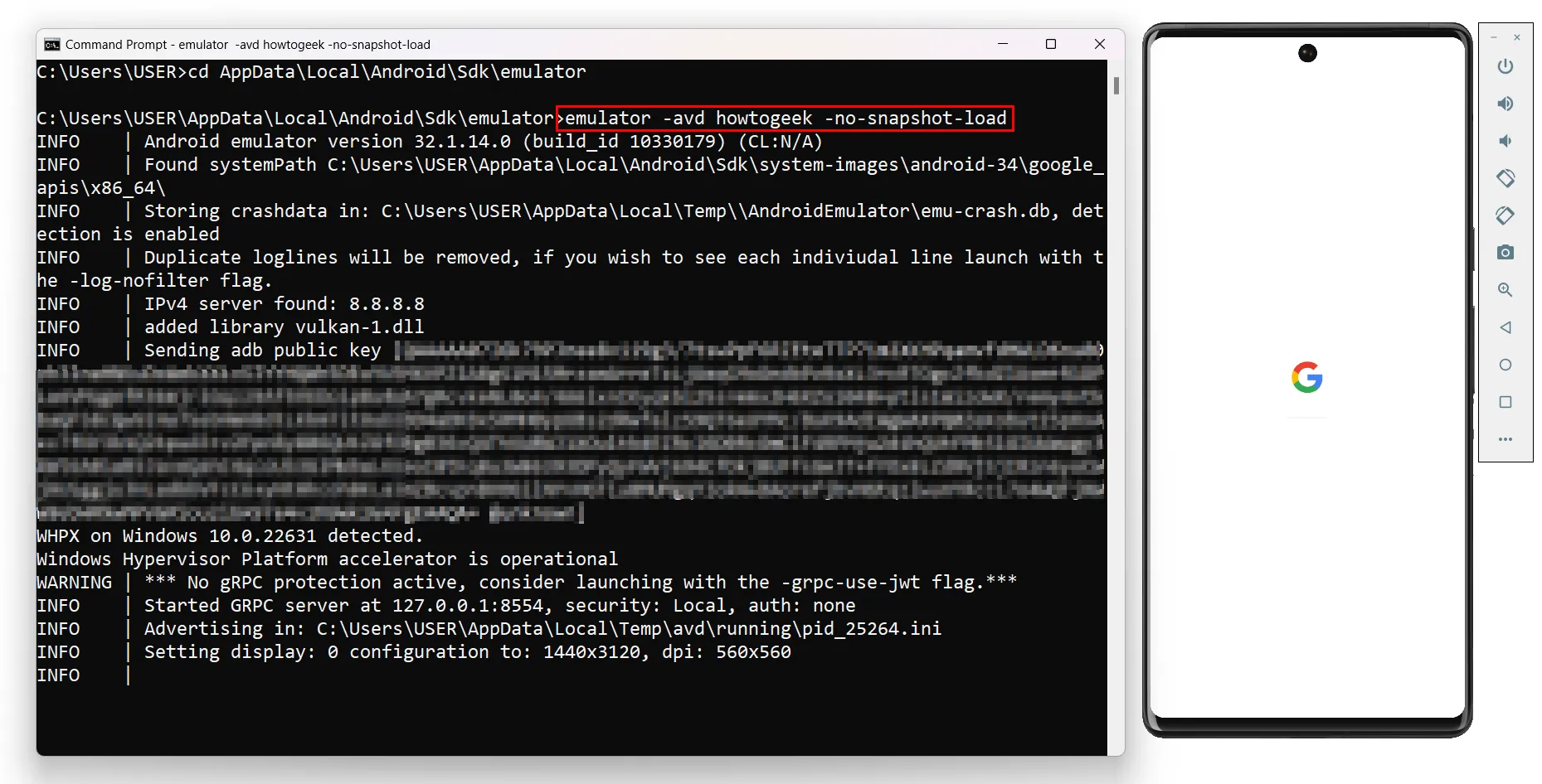 Thực hiện Cold Boot cho Android Virtual Device bằng lệnh emulator -avd -no-snapshot-load qua Command Prompt