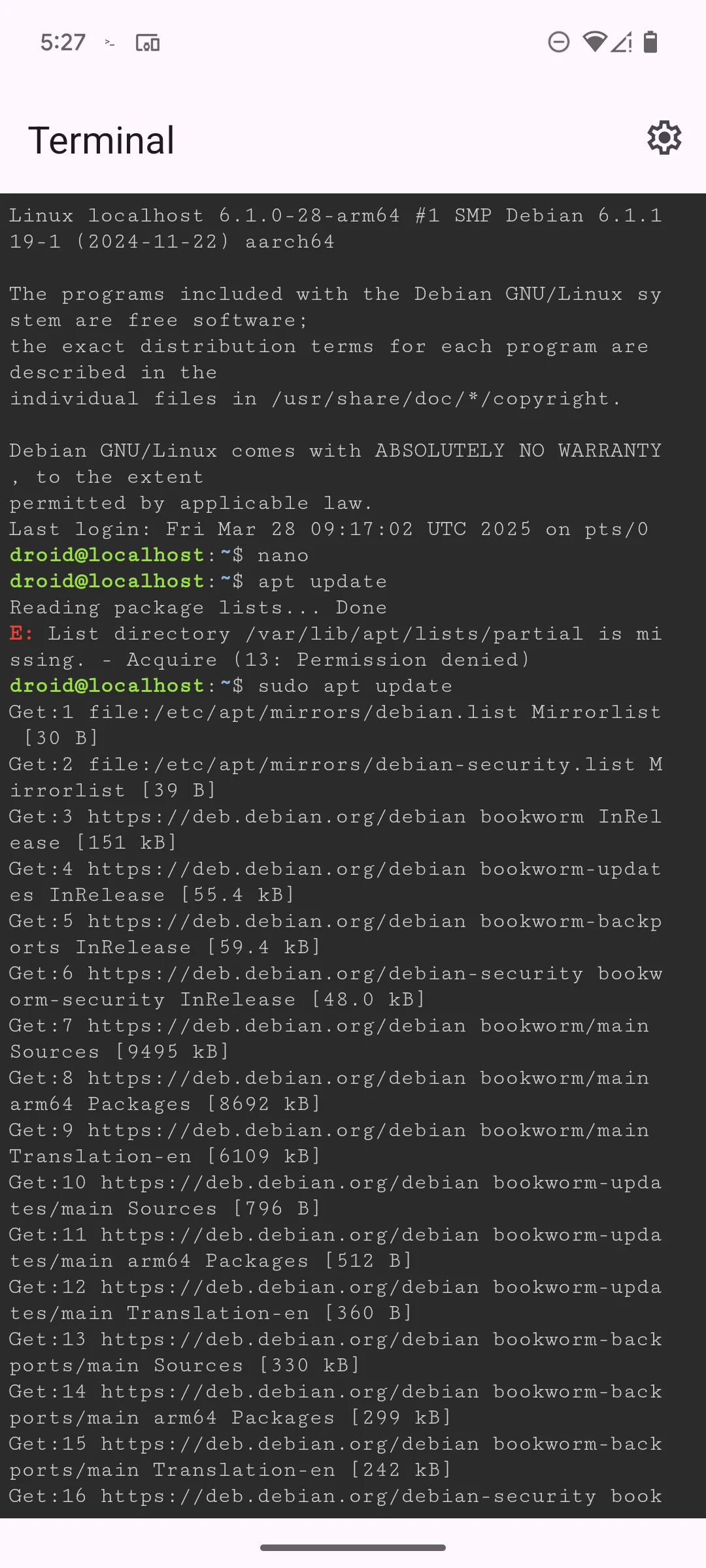 Thực hiện lệnh kiểm tra cập nhật bằng APT trong ứng dụng Terminal Linux trên Google Pixel 6.
