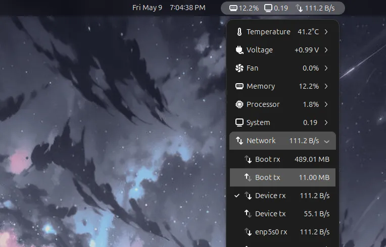 Tiện ích GNOME Vitals hiển thị biểu đồ hoạt động mạng và thông số hệ thống Linux