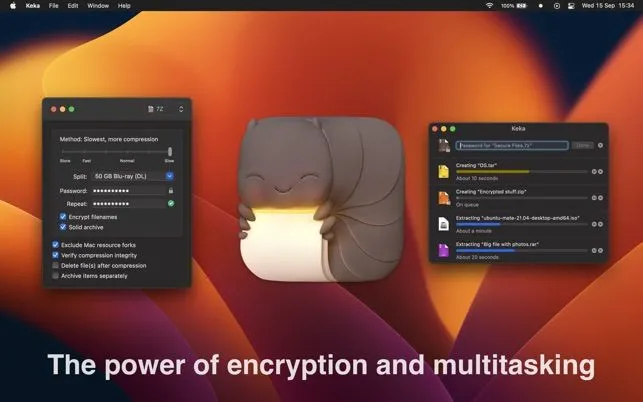 Tiện ích nén và giải nén Keka trên macOS với giao diện kéo thả trực quan và hỗ trợ nhiều định dạng.