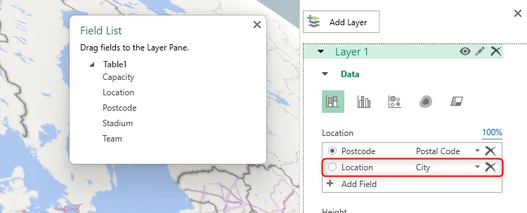 Tiêu đề cột Location được thêm vào trường Location trong Layer Pane của Excel.