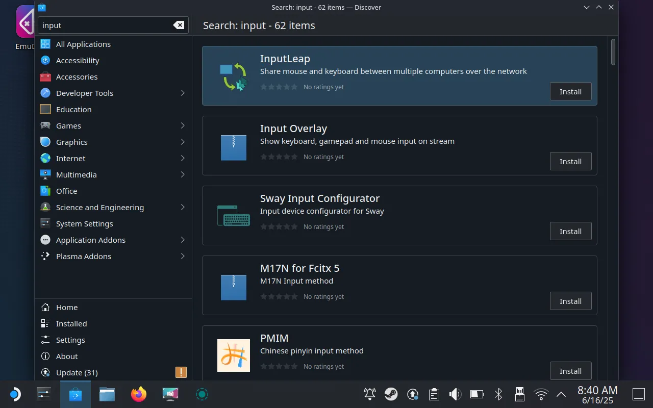 Tìm kiếm ứng dụng Input Leap trên Discover Store của SteamOS.