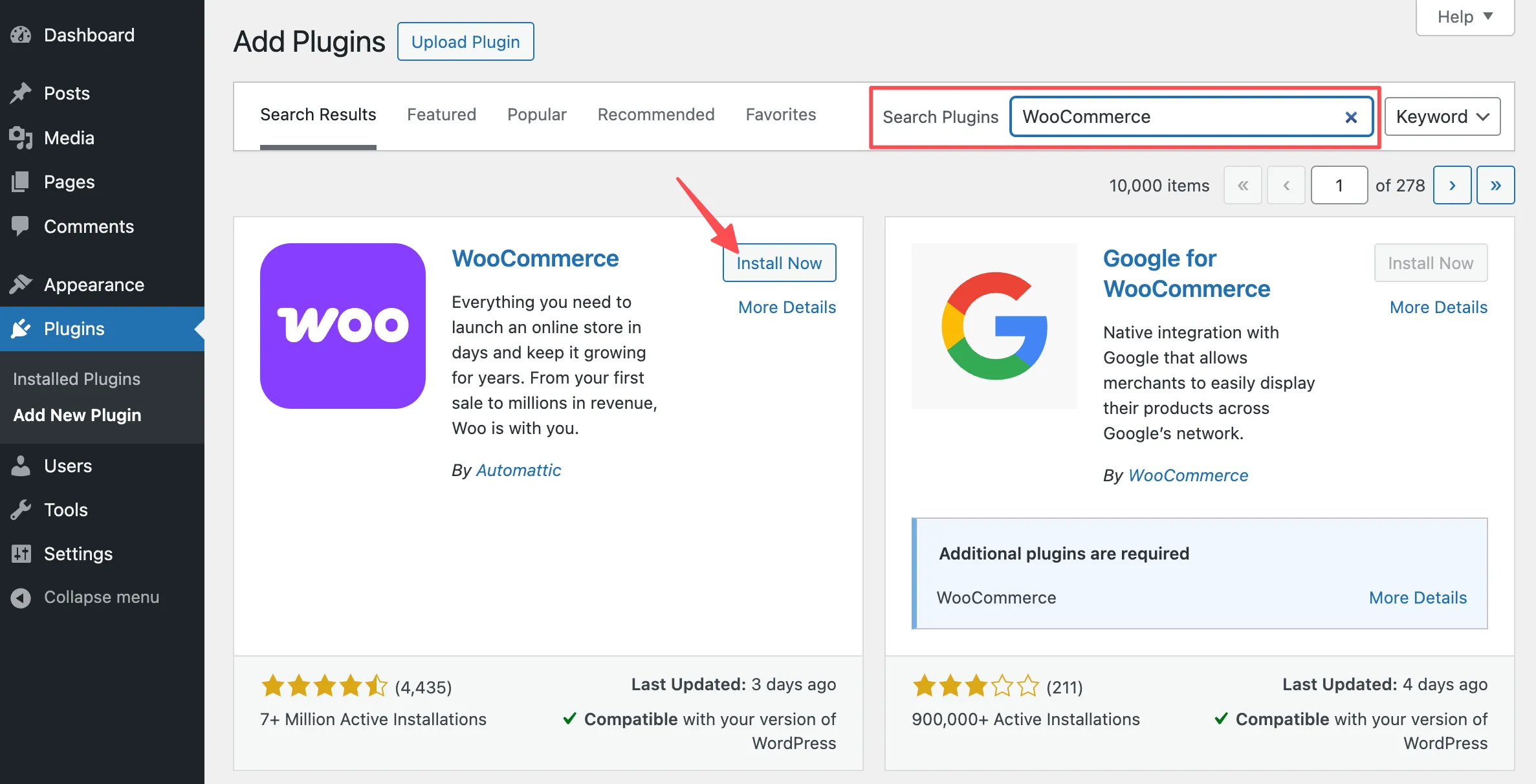 Tìm kiếm và hiển thị plugin WooCommerce trên màn hình Thêm Plugin của WordPress