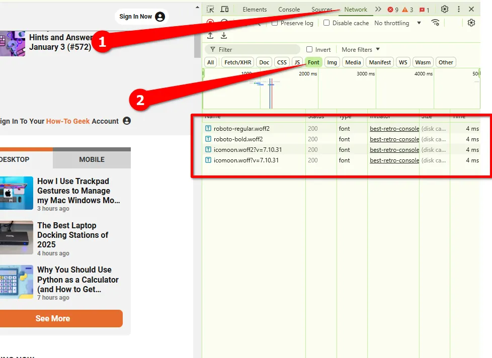 Tìm kiếm và tải font chữ WOFF từ tab &quot;Network&quot; của Inspect Element sau khi lọc theo &quot;Font&quot;.