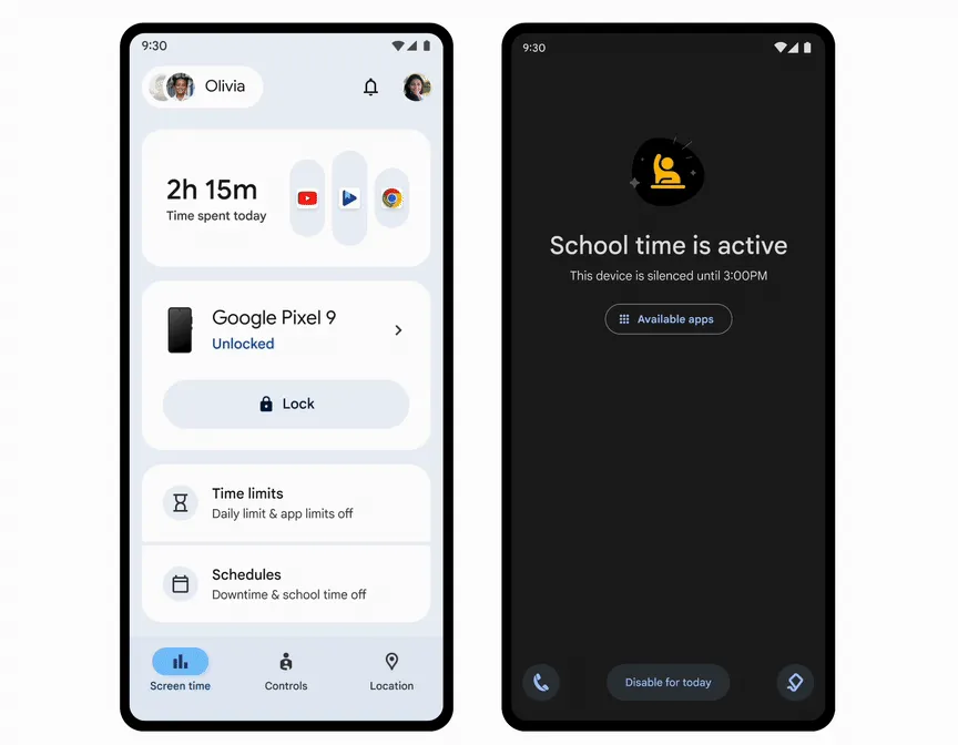 Tính năng Giờ học (School Time) trên Google Family Link giới hạn chức năng điện thoại trong giờ học