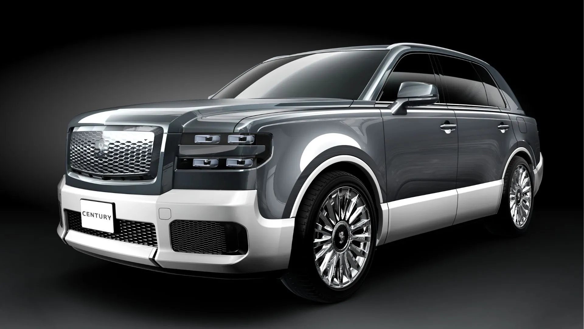 Toyota Century SUV màu xám với phông nền đen trong studio, biểu tượng SUV hạng sang độc quyền của Toyota.