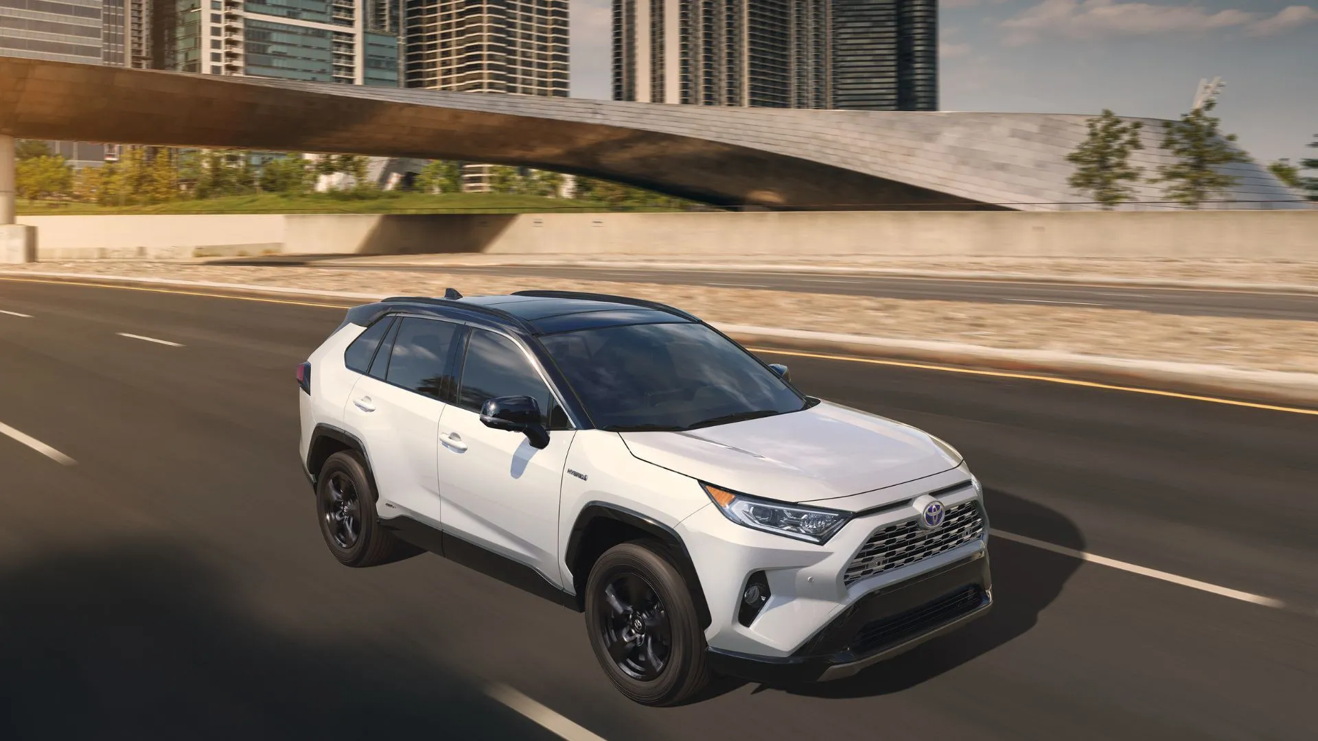 Toyota RAV4 2019 màu trắng đang lái trên đường cao tốc thành phố