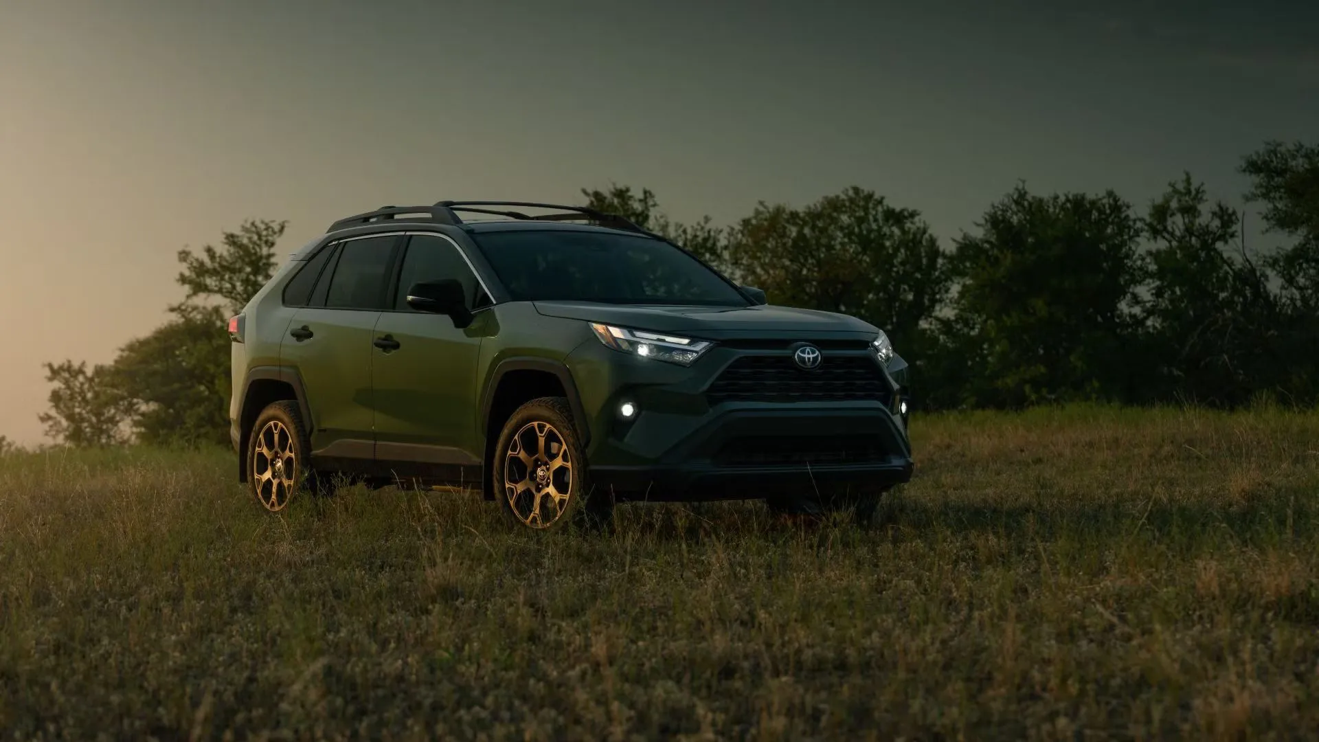Toyota RAV4 Hybrid 2025 phiên bản Woodland màu xanh lá cây đỗ trên bãi cỏ, thể hiện phong cách thân thiện với môi trường.