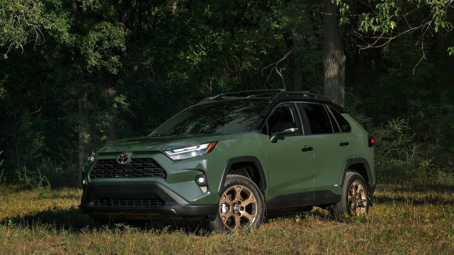 Toyota RAV4 Hybrid Woodland Edition 2025 màu xanh quân đội đậu trên bãi cỏ, minh họa các tùy chọn phiên bản của dòng xe