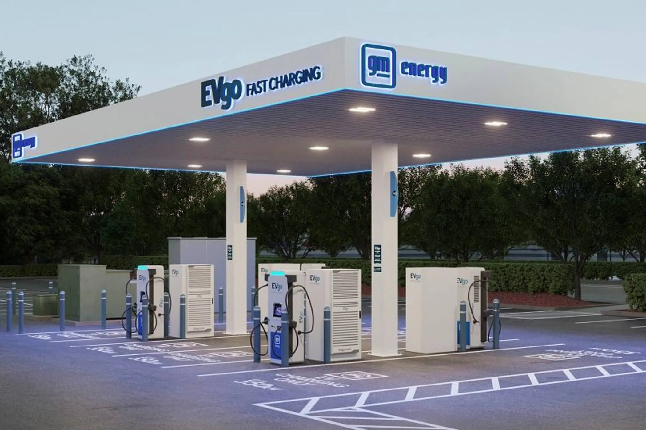 Trạm sạc nhanh EVgo với nhiều điểm sạc, biểu tượng cho sự phổ biến hạ tầng